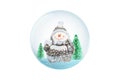 Isolated New Year, Christmas glass magic ball. Cute snowman and small christmas trees