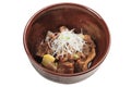 Isolated Nikujaga including beef, potato and radish stew topping with sliced radish and scallion in brown ceramic bowl Royalty Free Stock Photo