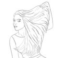 Isolated object coloring, black lines, white background. A young girl advertises shampoo, long hair. Vector