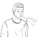 Isolated object coloring, black lines, white background. Young guy and soap bubbles. A game for children. Vector, comic Royalty Free Stock Photo