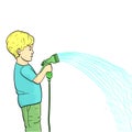 Isolated object on white background. A child, a little boy watering a garden, a garden with a hose of water. Raster Royalty Free Stock Photo