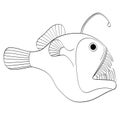 Isolated object on white background deep sea, water fish, Lophius piscatorius. Evil predator. Coloring book for children