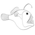 Isolated object on white background deep sea, water fish, Lophius piscatorius. Evil predator. Coloring book for children