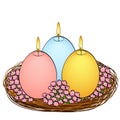 Isolated object on white background Easter candles in the shape of an egg. Three pieces of different colors with fire
