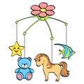 Isolated object on white background. A musical toy over a cradle for a child. The subjects are horse, flower, star, bear
