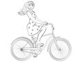 Isolated object on white background point. with sun rays. Young beauty woman ride bicycle retro raster. Children