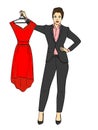 Isolated object on white background woman in a business suit, a businesswoman, is holding an evening red dress in her Royalty Free Stock Photo