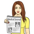 Isolated object on white background. Young girl shows stretching newspaper with news. Journalism, medical journal