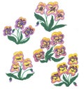 Bright spring set of bushes of stylized cartoon tricolor violets Royalty Free Stock Photo