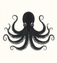 Black Octopus Graphic Art, Realistic Tentacles on White Background, Ocean Life Royalty Free Stock Photo