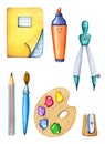 School and education objects. Hand painted, watercolor illustration of school supplies. Royalty Free Stock Photo