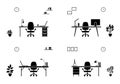 Isolated office furniture silhouette icon. Black and white table, chair, laptop, desktop outline.