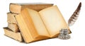 Isolated old books with empty pages, inkstand and quill Royalty Free Stock Photo