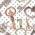 Isolated old key illustration element. Watercolor background illustration set. Seamless background pattern. Royalty Free Stock Photo