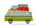 Isolated old minibus with big luggage on the roof. Flat design.