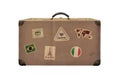 Isolated old retro traveler suitcase with travel stickers on white background Royalty Free Stock Photo