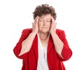 Isolated older woman with headache, migraine or forgetfulness.