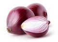 Isolated onions. Two whole red onion and half isolated on white background with clipping path. Royalty Free Stock Photo