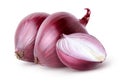 Isolated onions. Two whole red onion and half isolated on white background with clipping path. Royalty Free Stock Photo