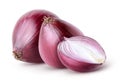 Isolated onions. Two whole red onion and half isolated on white background, with clipping path. Royalty Free Stock Photo