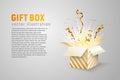 Isolated open box with gold ribbons and confetti splash on white background. Holidays vector illustration with empty space for
