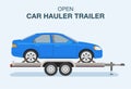 Isolated open car hauler trailer with vehicle on it. Side view of a blue sedan.
