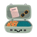 Isolated open suitcase with things. Travel bag with folded clothes, book and sunglasses.Vector flat illustration