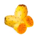 Isolated opuntia fruit. Two whole and cut in half yellow prickly pears cactus fruits on white background with clipping Royalty Free Stock Photo