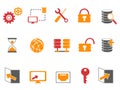 Orange and red color database technology icons set