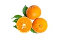 isolated orange whole and half slice with green leaves a top view die-cut of citus fruit Royalty Free Stock Photo