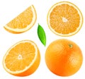 Isolated oranges. Collection of whole, half, slice, piece orange fruits with leaf isolated on white background with clipping path.