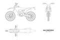 Isolated outline cross motorcycle. Line motorbike art. Front, side, top view of motocross cycle. Extreme bike draw