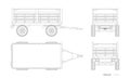 Isolated outline drawing of tractor trailer. Side, front and back view of agriculture machinery. Industrial blueprint