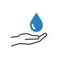 Isolated outline icon of blue water drop in black line hand on white background. Aqua drop and hand. Symbol of care, charity. Save Royalty Free Stock Photo