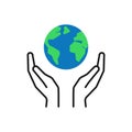 Isolated outline icon of green planet, earth in black hands on white background. Color globe and line hands. Symbol of care,