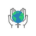 Isolated outline icon of green planet, earth in black hands on white background. Color globe and line hands. Symbol of care, Royalty Free Stock Photo