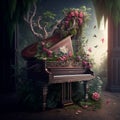 Piano covered in overgrown floral vines and buds. Ai generated.