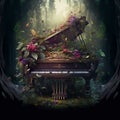 Piano covered in overgrown floral vines and buds. Ai generated.