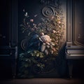 Piano covered in overgrown floral vines and buds. Ai generated.