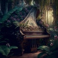 Piano covered in overgrown floral vines and buds. Ai generated.