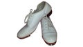 Isolated pair of worn clogging shoes for tap dance or clog dance.