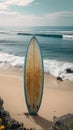 Isolated paradise Surfboard on an empty, serene, and wild beach Royalty Free Stock Photo