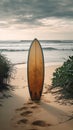 Isolated paradise Surfboard on an empty, serene, and wild beach Royalty Free Stock Photo