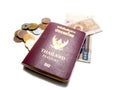 Isolated passport banknotes and coins