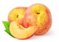 Isolated peaches. Two whole peach fruits and a slice with leaves isolated on white background, with clipping path. Royalty Free Stock Photo