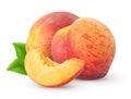 Isolated peaches. Two whole peach fruits and a slice isolated on white background, with clipping path. Royalty Free Stock Photo