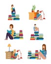 Isolated people avatars with books desk lamp plant and furniture vector design