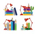 Isolated people avatars with education books and desk lamps vector design Royalty Free Stock Photo