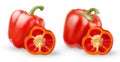 Isolated peppers. Two images of whole and cut red bell peppers isolated on white background. Royalty Free Stock Photo