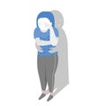 Isolated of person is crying alone with a comfort hug by her shadow, mental health concept in flat vector illustration